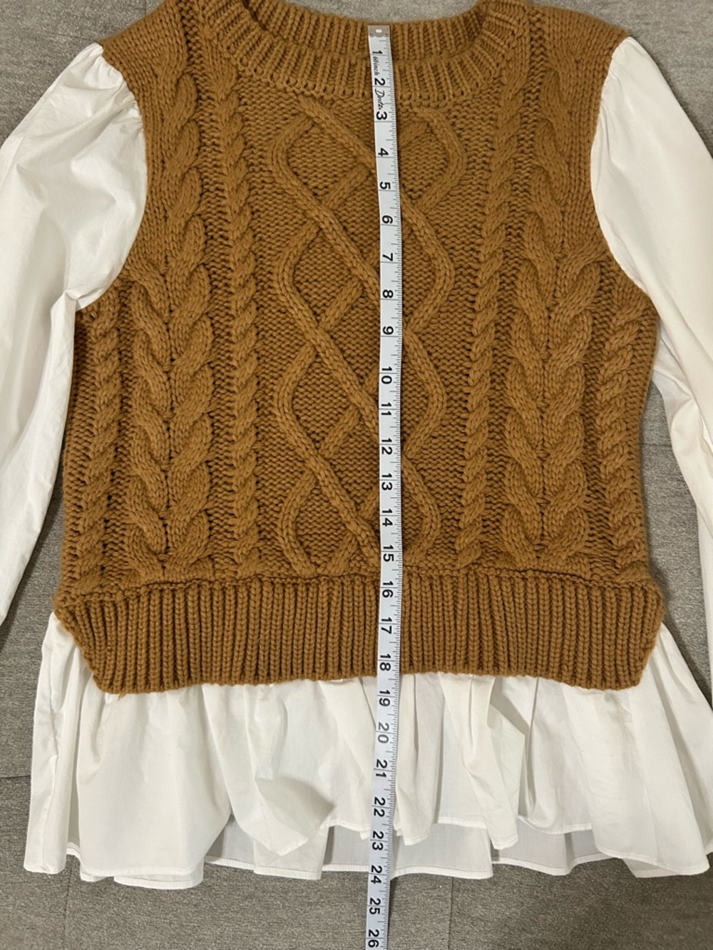 Anthropologie Cable-Knit Crewneck layered Camel Vest & built in white blouse - Picture 6 of 8